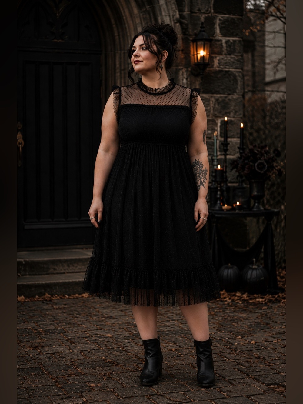 Xhilaration XXL Black Gothic Tulle Midi Dress Sheer Mesh Yoke Ruffle